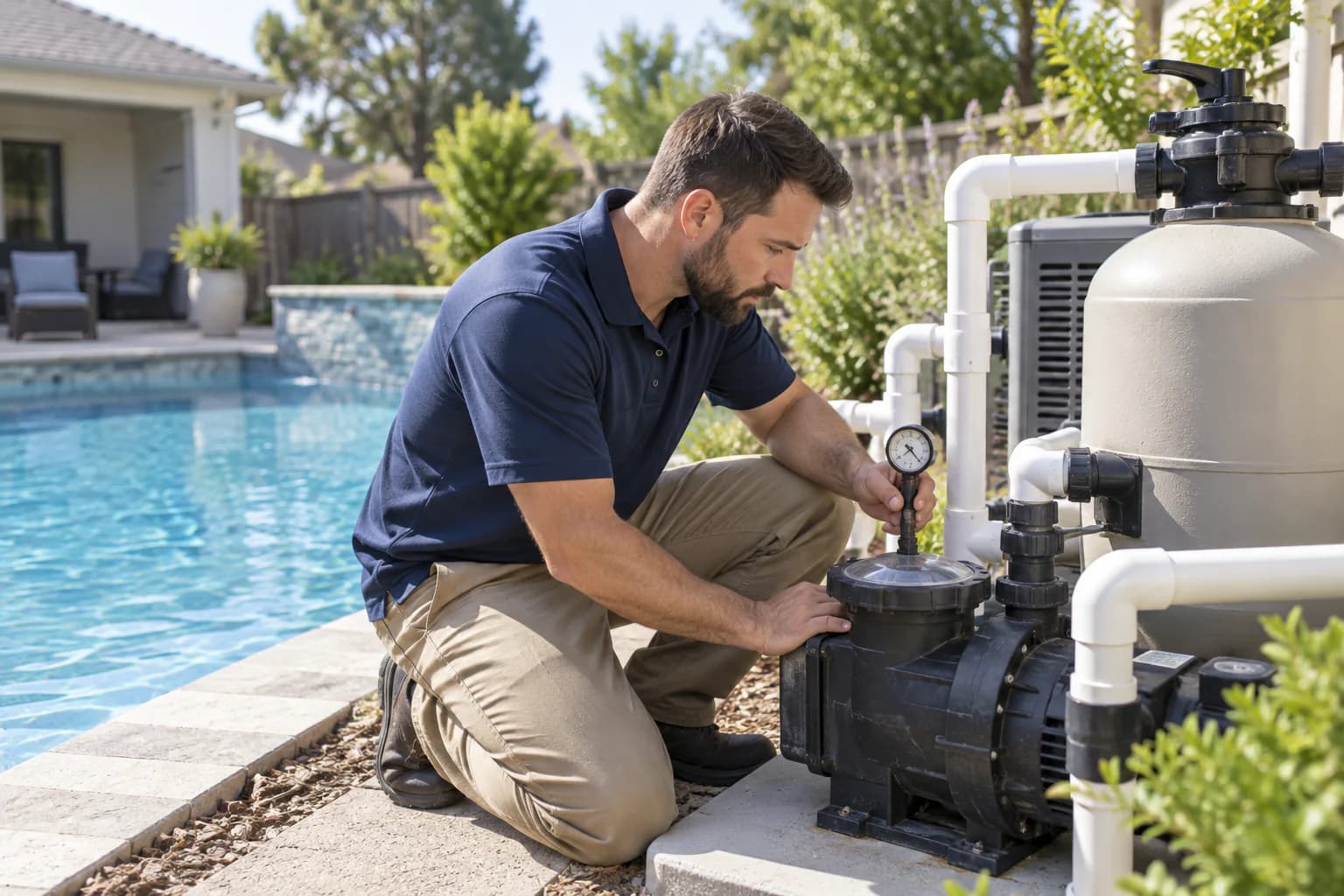 Pool technician inspecting residential pool equipment during a service visit